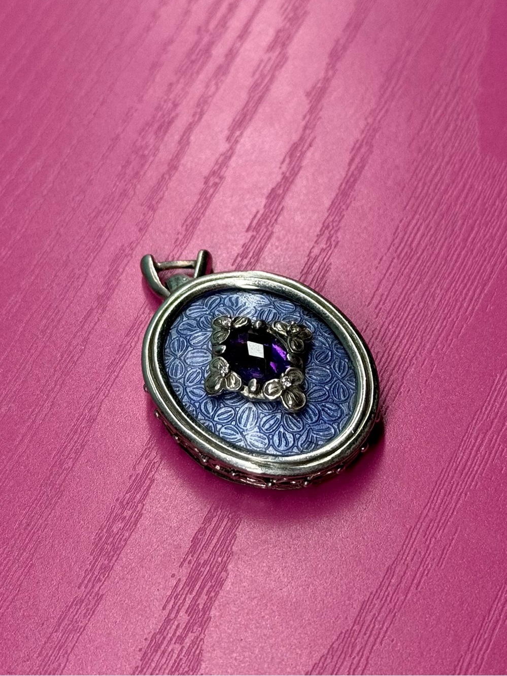 Diamond Amethyst Enamel Pendant Vintage Filigree Silver
